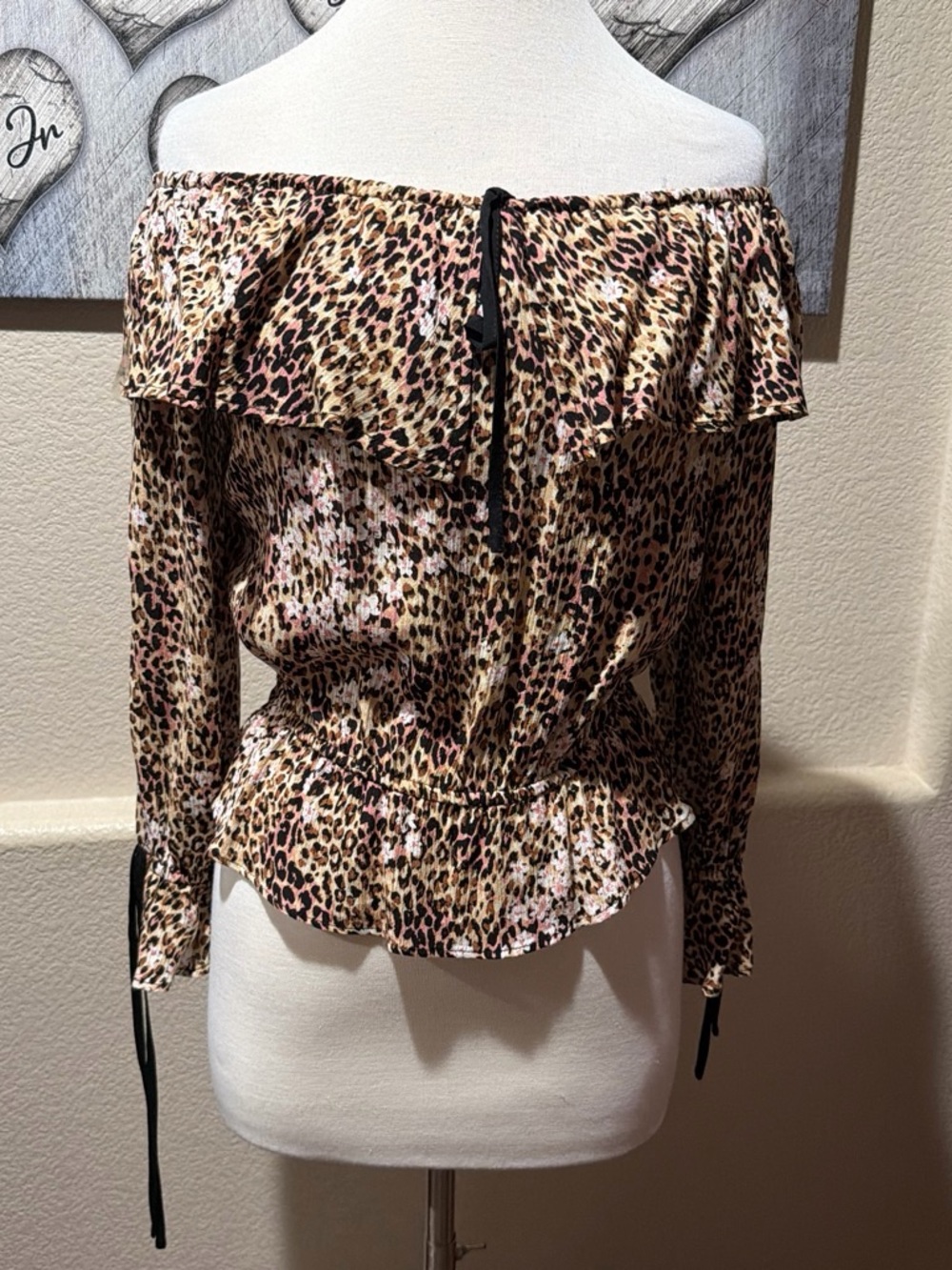 American Rag Off-Shoulder Leopard Print Ruffle Blouse in Pink and Tan